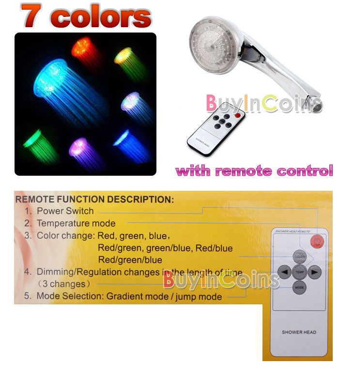 COLOR LED REMOTE CONTROL SHOWER HEAD LIGHTS BATH  