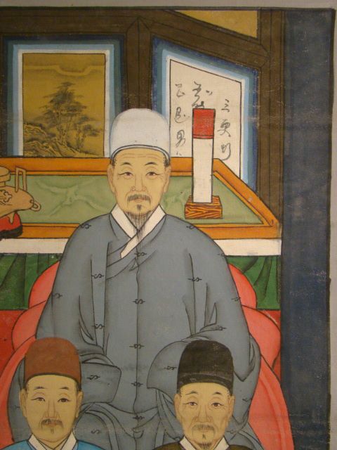 LARGE Antique CHINESE Seated ANCESTOR Family PORTRAIT Old FOK ART 