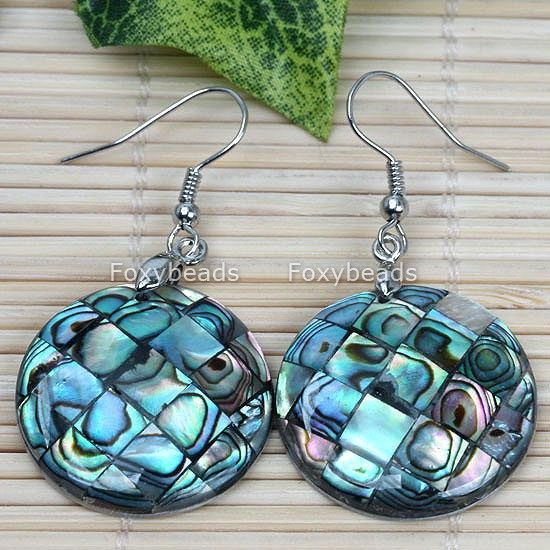 New Zealand Round Paua Abalone Shell Dangle Earrings 2P  