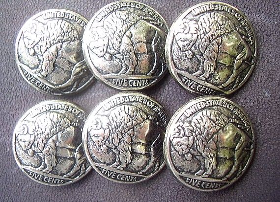 CONCHOS BUFFALO NICKEL COAT BUTTONS 19MM 3/4 6 pcs  