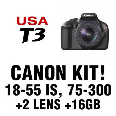 USA Canon Model T3 1100D + 4 Lens 18 55 IS II + 75 300 + 16GB Body 