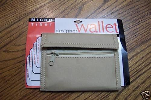 NEW TAN MICROFIBER TRI FOLD VELCRO BILLFOLD COIN WALLET  