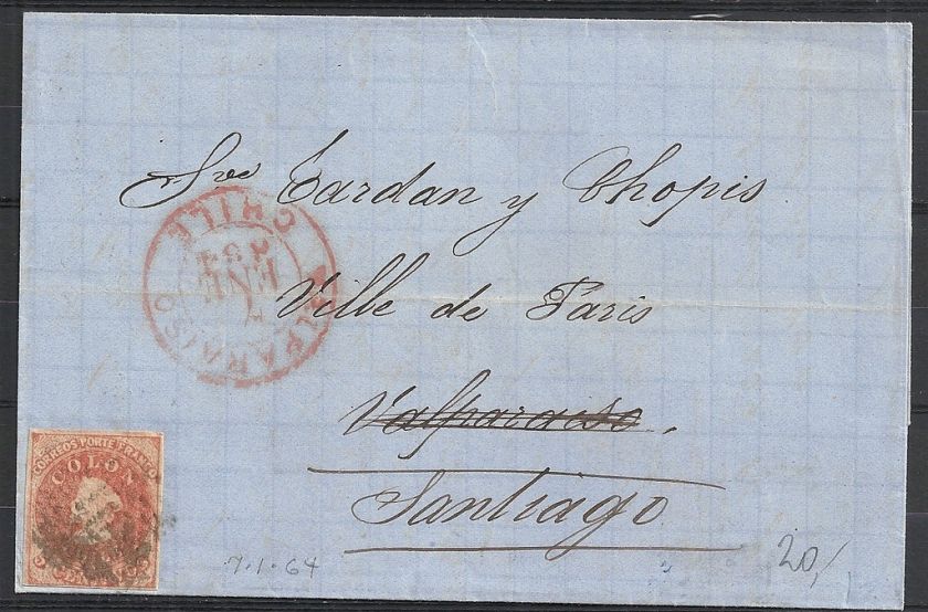 Chile covers 1863 folded letter Valparaiso to Santiago  