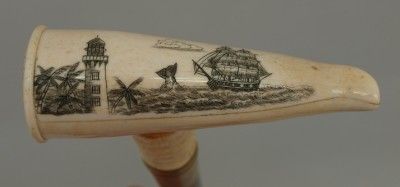   Stick Cane   Carved & Etched Bone Handle   Scrimshaw   Ships & Whaling