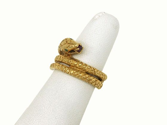 STYLISH VINTAGE 14K GOLD & RUBY SNAKE SPIRAL BAND RING  