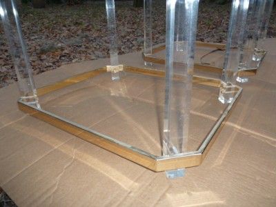 Pair 1970s Modern Hollywood Regency Brass and Lucite End Tables Thick 