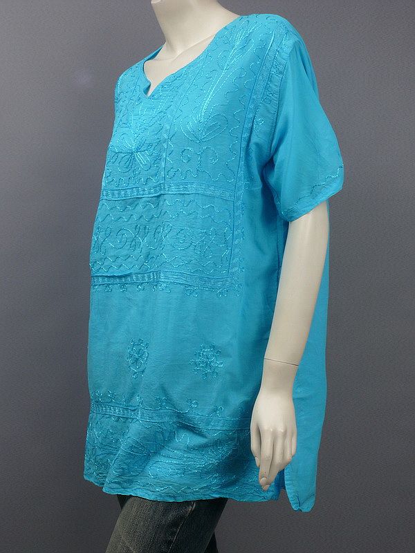 Blue Split Neckline Embroidered Top Tunic XL  