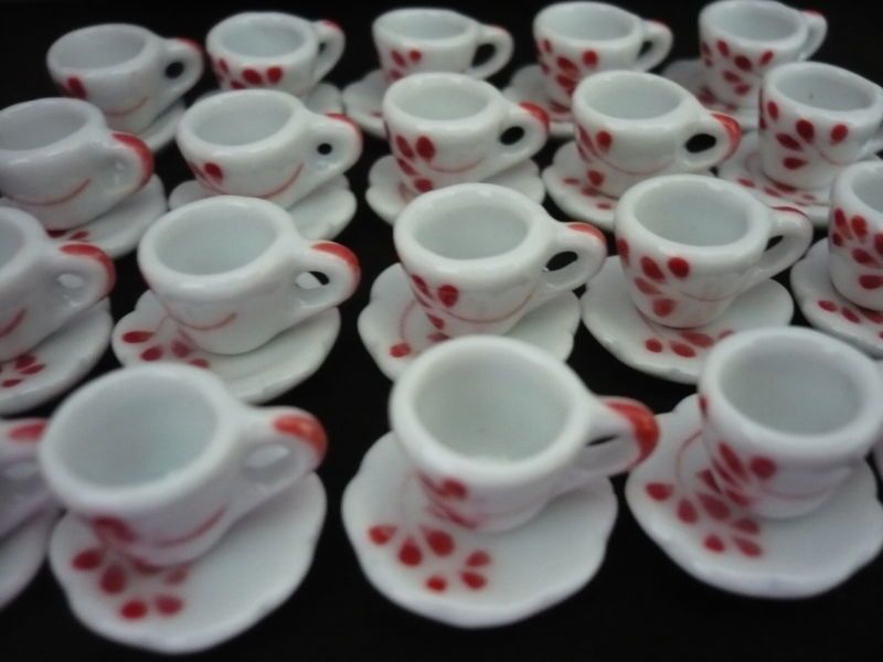 50 Red Flower Coffee Cup & Saucer Dollhouse Miniatures  