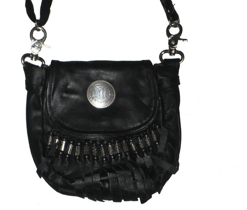 Leather Biker Beaded Fringe Hip Bag Silver Dollar NWT  