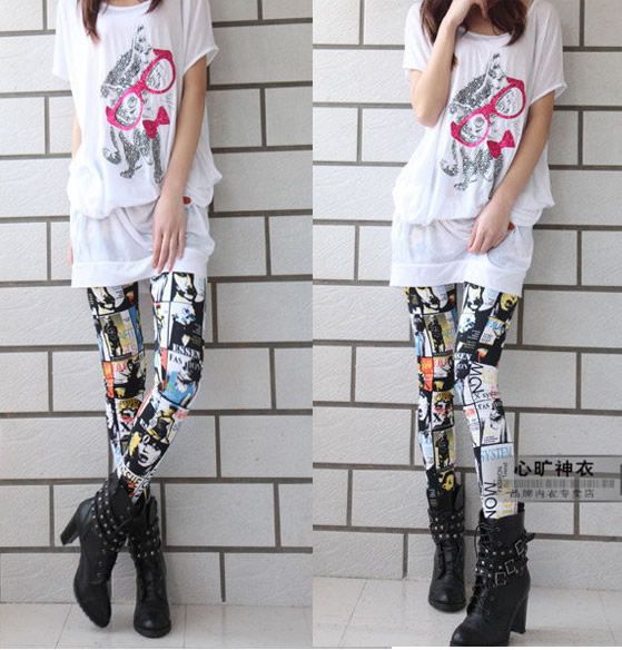 Fashion Women Europe Color Graffiti Render Style Stretchy Leggings 