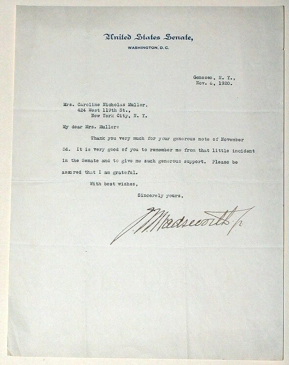 1920 Signed Letter Senator James Wadsworth Geneseo, NY  