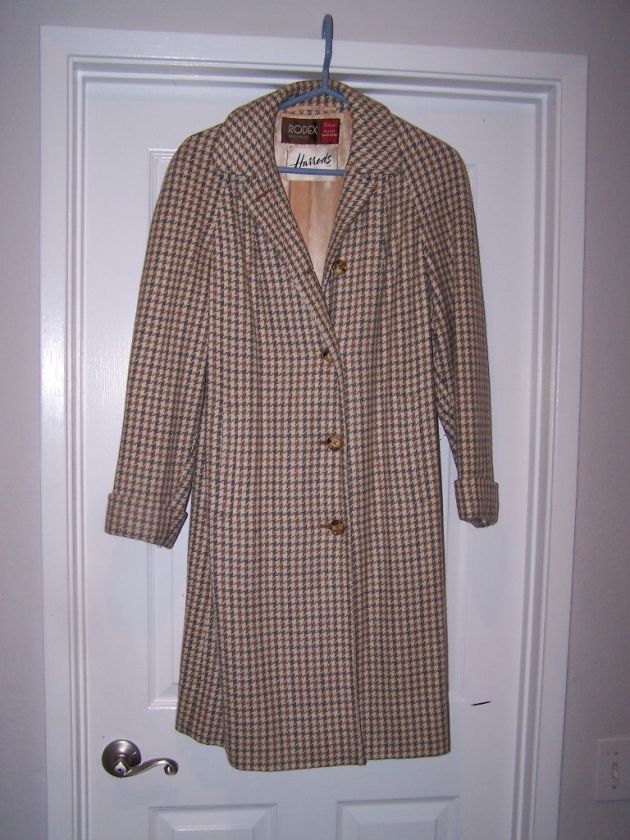 WOMANS RODEX HARRODS LONDON CASHMERE HOUNDSTOOTH COAT BEIGE/GRAY SZ L 