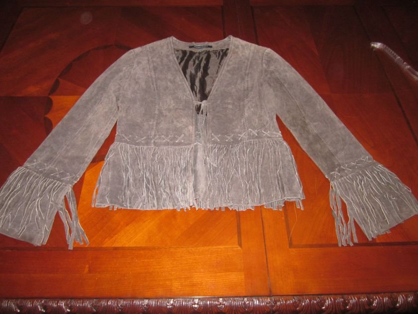 AMAZING SUEDE LEATHER FRINGED FRINGE JACKET COAT S SMALL M GREY/BROWN 