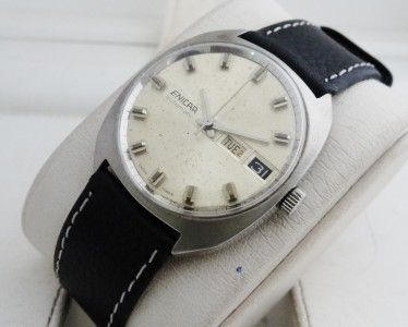 RARE VINTAGE ENICAR AUTOMATIC DAY DATE ORIGINAL WHITE DIAL STEEL WATCH 