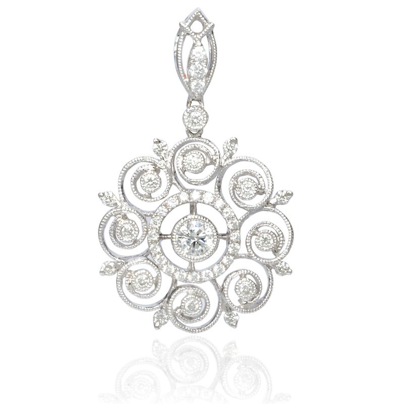 This diamond pendant contains caviar beading, creating an antique 