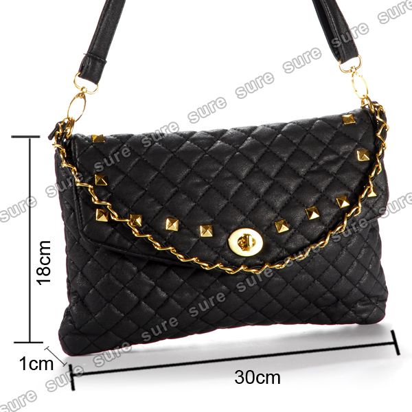 Quilted Bag Purse Clutch Handbag Chain Strap shoulder w/golden studded 