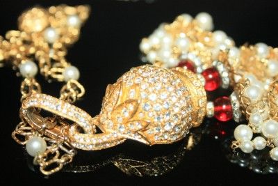 Vintage Elaborate Sig Cadoro Pave RS Accents, Red Glass, Pearls 