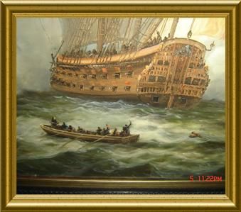 ANTIQUE SIGNED PONTIER LARGE GALLEONS PIRATE SHIPS BATTLE SEASCAPE 