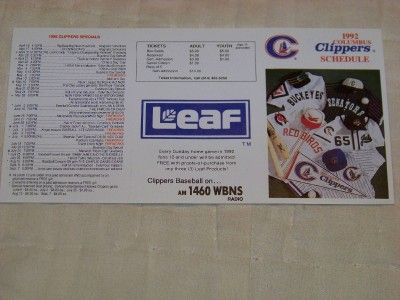 COLUMBUS CLIPPERS 1992 Pocket Schedule  