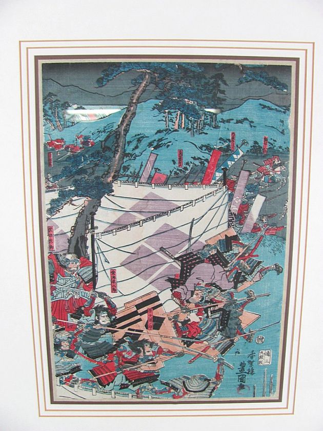 Pair Framed Japanese Wood Block Prints Samurai Battle Woodblock 