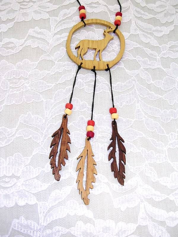 WOODEN DEER / BUCK PROFILE DREAMCATCHER w WOOD FEATHERS  