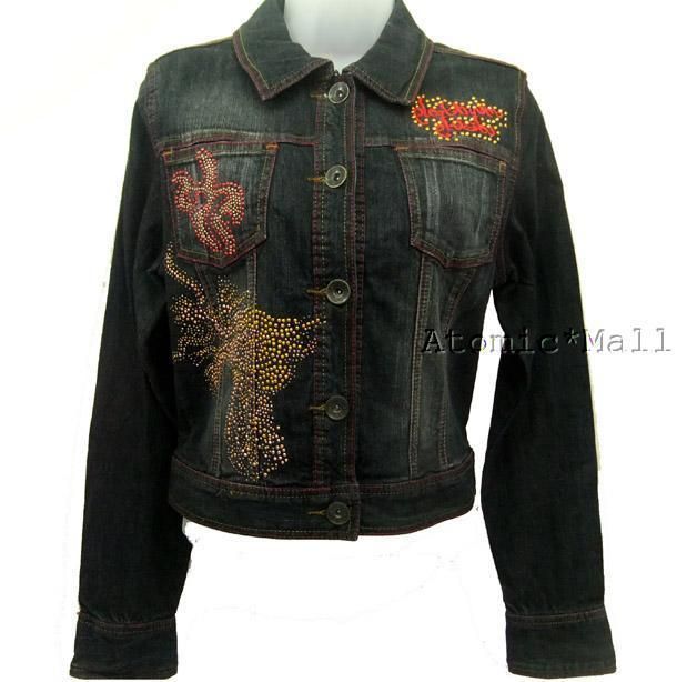 Womens Platinum Plush Denim Jacket Jeweled Dragon M  