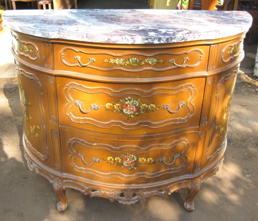 Beautiful Vintage Painted Demilune Chest W/Marble Top  