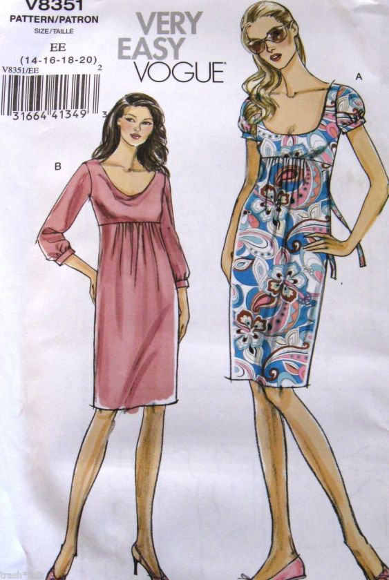 Easy Vogue dress pattern scoop neck sz 14 16 18 20 pullover cowl neck 