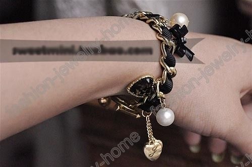 Hot Full Crystal Ball Heart White Pearl Link Bracelets  