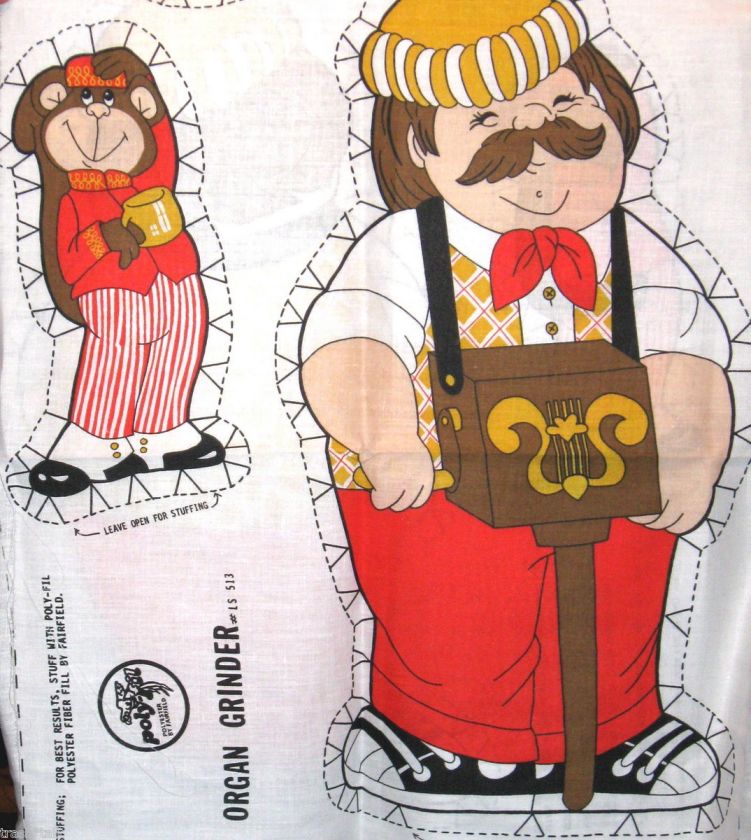 Organ Grinder Monkey stuffed pillow fabric panel 17 cut n sew  