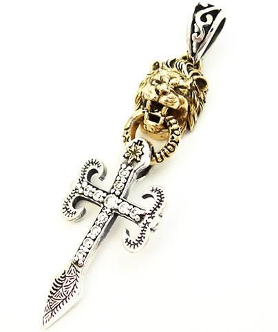 GOLD LION JUDAH CZ GEMS CROSS DAGGER STERLING 925 SILVER PENDANT RASTA 