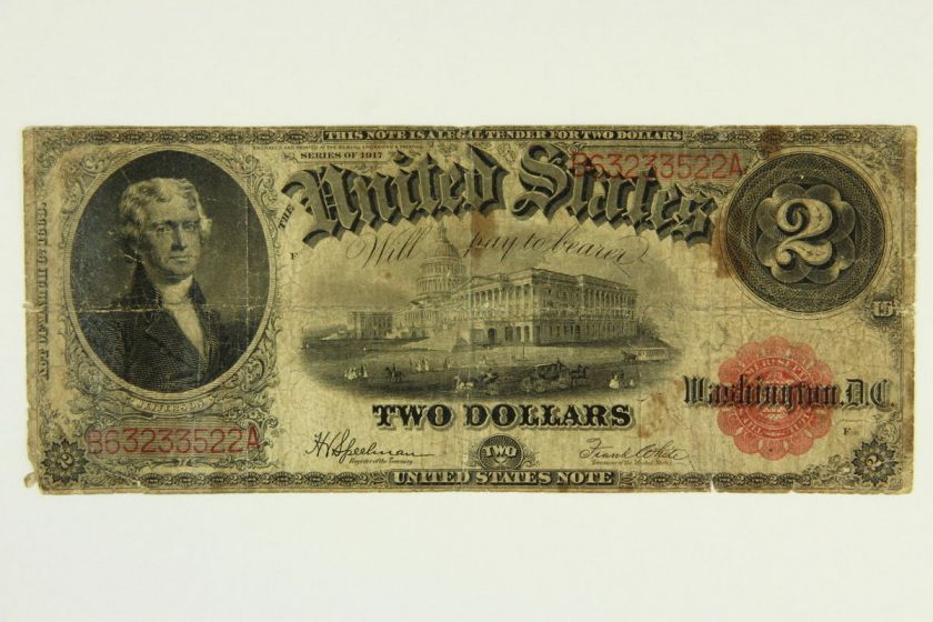 1917 Two Dollar $2 Bill United States Legal Tender Note Red Seal F 60 