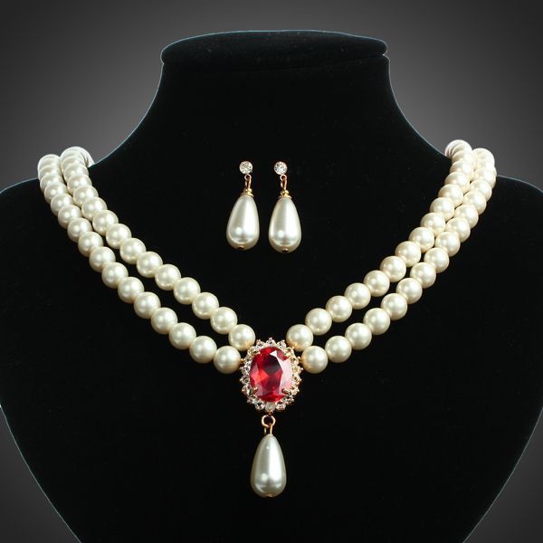 ARINNA pearls crystals ruby BIB necklace earrings Set  