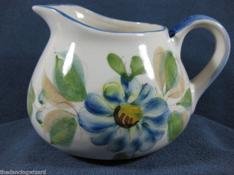 Hand Painted Pitcher Portugal Blue Floral Art Pottery  