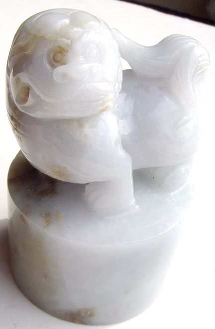 CHINESE CARVED WHITE JADE FOO DOG SEAL STAMP HANDLE 1LB  