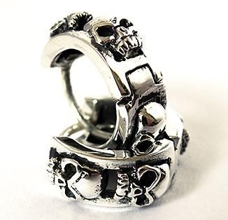 SKULL ROW STERLING 925 SILVER BIKER MENS HOOP EARRINGS  