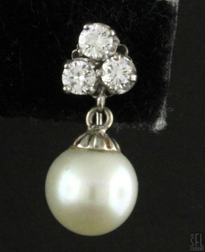 14K WHITE GOLD BEAUTIFUL .84CT DIAMOND/9mm PEARL SCREW BACK DANGLE 