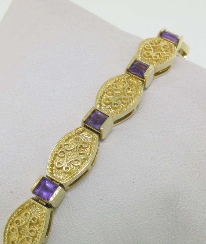 Estate 14k Gold Etched Bracelet with Amethyst Stones  