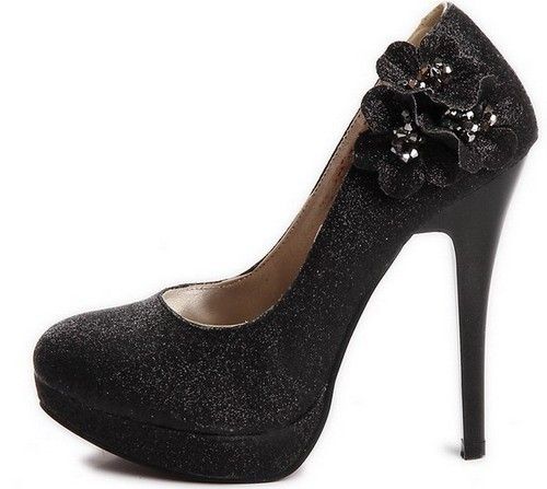 Flower Trim Beaded PU Leather Dress Heel Pump Stilettos  