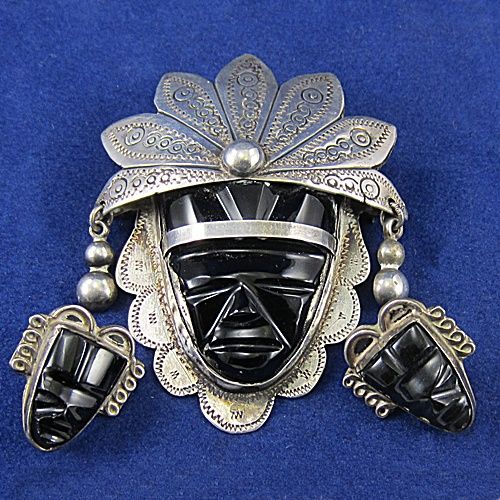Vintage Black Onyx SILVER MEXICO AZTEC Brooch with Aztec Mask 