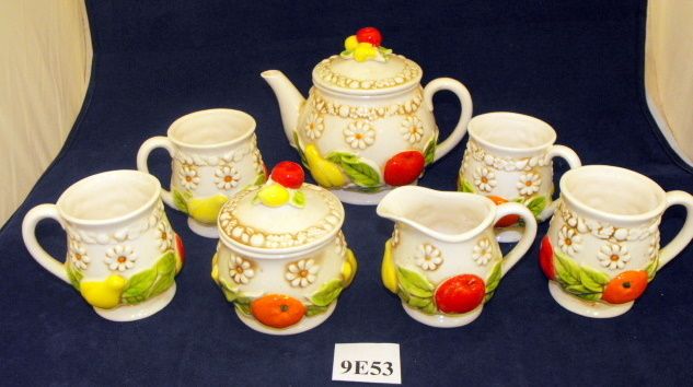   Roberts Ceramic Fruit Tea Set Teapot Sugar Creamer 4 Cups Mugs  