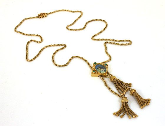 VINTAGE 14K HAND PAINTED CAMEO LARIAT SLIDE NECKLACE  