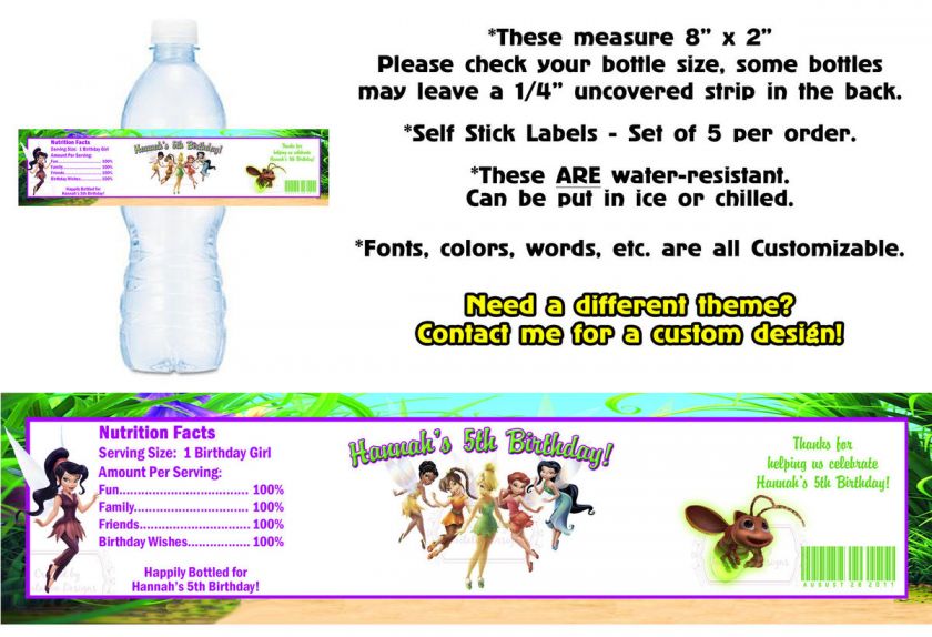 Tinkerbell Fairies Printed Water Bottle Labels ~ Birthday Party Favors 