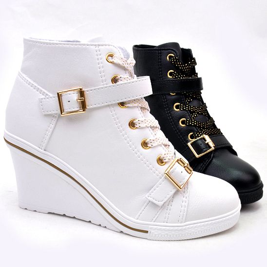 Womens Black White Buckle Sneakers Wedge Heel Shoes US5~8 / Fashion 