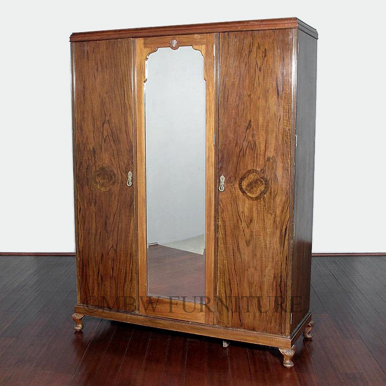 Antique English Maples Walnut 3 Door 5Ft Armoire Wardrobe w/ Mirror 