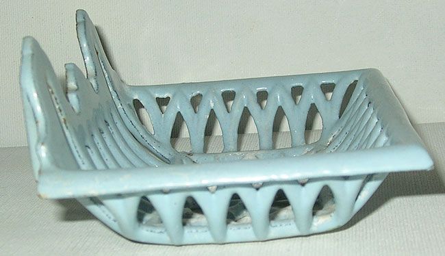 Antique Blue Enamal Cast Iron Art Deco SOAP DISH Holder  