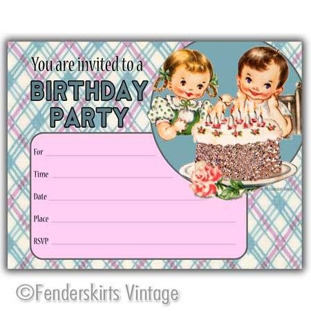 Vintage Retro 50s Kids Cake Birthday Party Invitations  