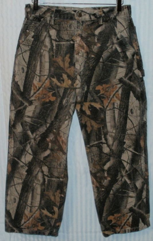 MENS CARHARTT CANVAS CAMO CARPENTER PANTS DUNGAREE FIT 32 X 27.5 WORE 