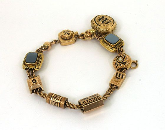 VICTORIAN 14K GOLD SLIDE CHARM BRACELET W/ 9 CHARMS  