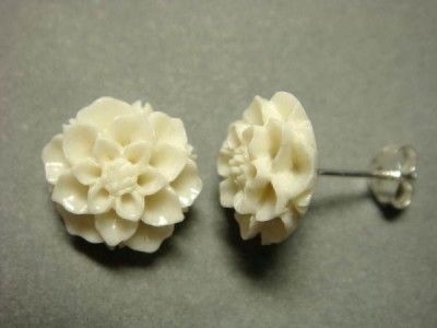   Sterling Silver White Carved Coral Flower Rose Stud Cute Earrings Set